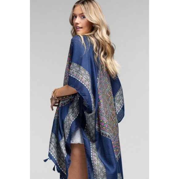 Azura Navy Ethnic Motif Print Tassel Kimono Wrap Open Coverup Top One Size - Picture 5 of 6